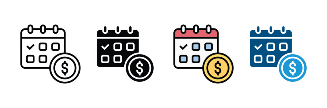Calendar with dollar coin icon vector. Financial schedule symbol for budget planning, tax deadline, payment reminder, and investment tracking set. Vector Illustration.