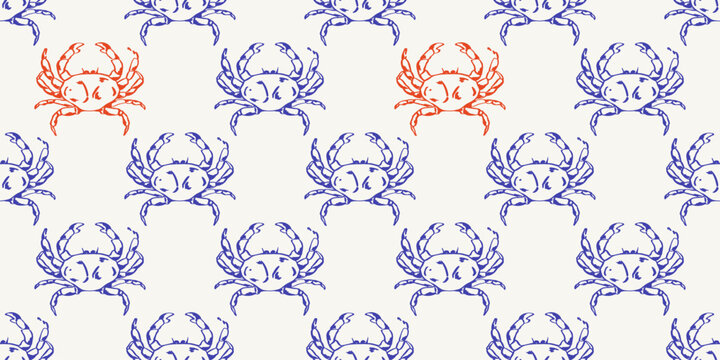 Seamless mediterranean crab pattern inspired by coastal cuisine and seaside markets. Blue and red crustaceans create a repeating marine motif perfect for fabric, wallpaper and packaging.