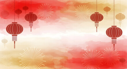 Traditional Chinese Lanterns with Fireworks Backdrop for Festive Celebrations and Cultural Events