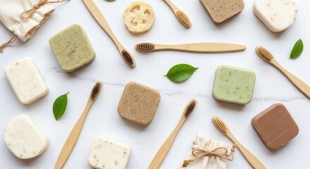 Natural Soap Bars and Brushes on White.