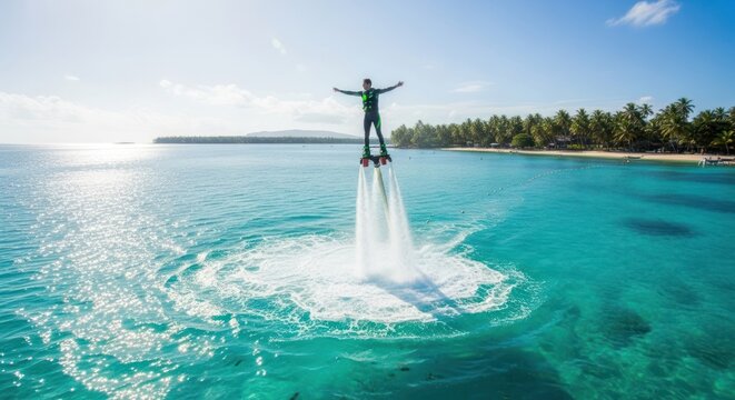 Man Flying on Water Jetpack over Ocean.