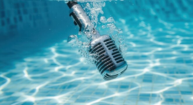 Microphone Dropping into Clear Pool Water.