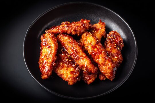 Top view of glossy Korean Fried Chicken (Yangnyeom) tenders sprinkled with sesame seeds, served on a black ceramic plate against a dramatic dark background.