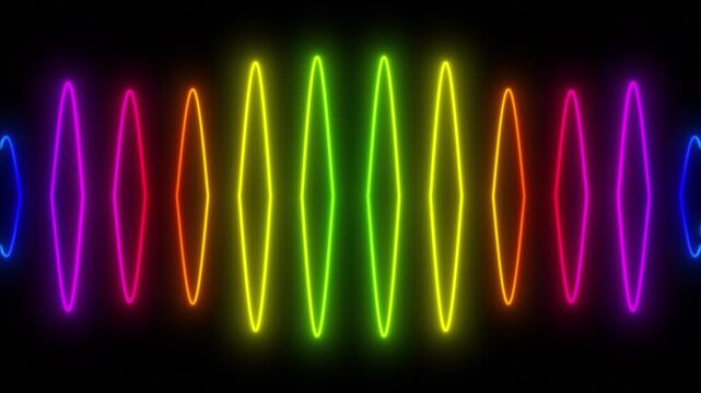 Seamless looping animation of bright neon multicolored oval shapes in symmetrical pattern glowing on black background, abstract decorative motion graphics