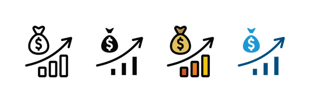 Money bag with rising growth chart icon vector. Profit bar graph with arrow for financial investment success, budget increase, and wealth management set. Vector Illustration.