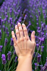 Fototapeta premium A hand gently touches vibrant purple lavender flowers in a serene garden setting.