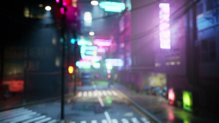 A vibrant city alley glows with colorful neon signs under a wet street. Rain soaked roads reflect bright lights, creating a lively atmosphere at night filled with energy. © icetray