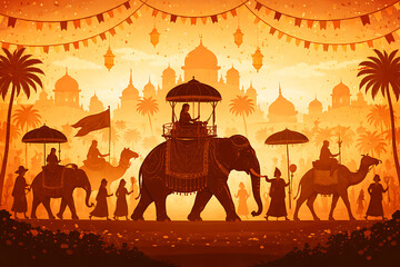 Indian royal procession  flat silhouette
