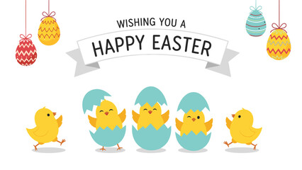 Happy Easter card featuring cute yellow baby chicks hatching from colorful blue eggs under a decorative ribbon banner for kids.