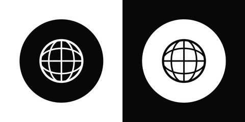 Black and white globe network icon set. Modern vector symbol ideal for worldwide connectivity, internet browser UI, global technology, communication, and web language selection. © bibin