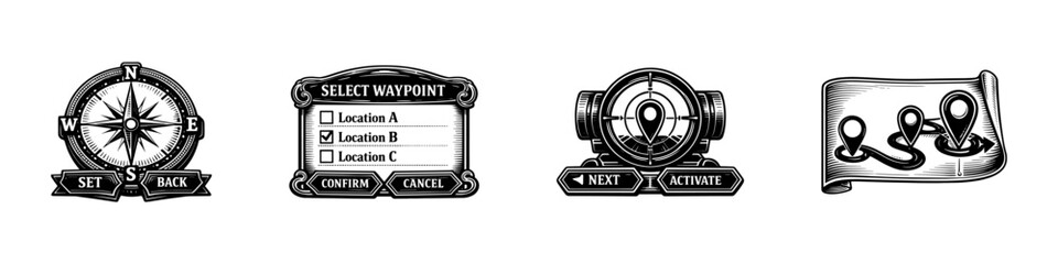 Navigation and direction flat vector icons set: compass, waypoint map, gps symbols