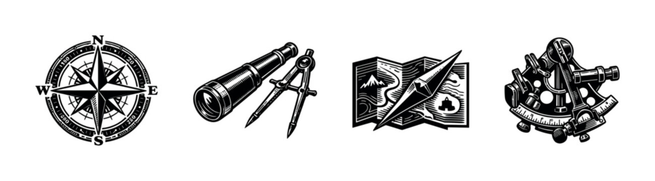 Navigation tools flat vector icons set: compass, telescope, map, sextant symbols collection