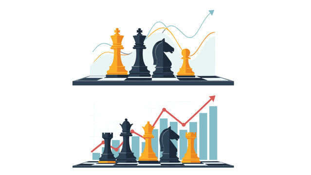 Strategic business growth concept depicted by chess pieces standing on a game board with ascending statistical line graphs.