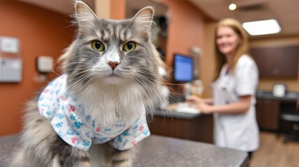 Fluffy cat in veterinary clinic with female veterinarian in background