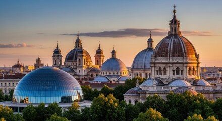 Berlin City Skyline with Domed Buildings at Sunset.