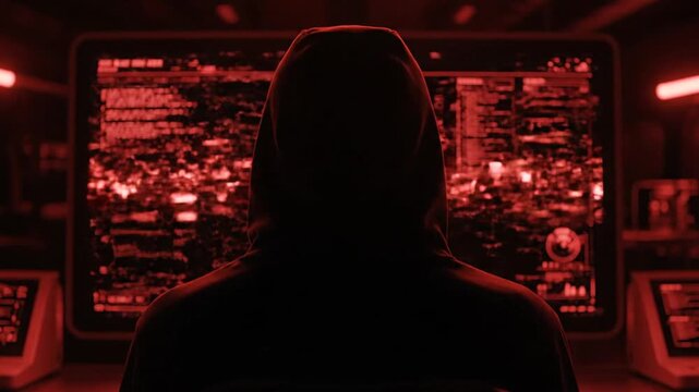 A shadowed figure in a hoodie stares intensely at a glitching computer screen displaying corrupted data and digital noise, evoking themes of hacking and cybercrime