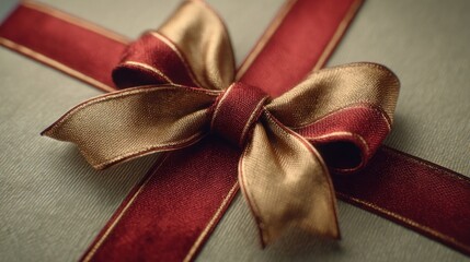 A close-up of a festive ribbon bow on a gift box,