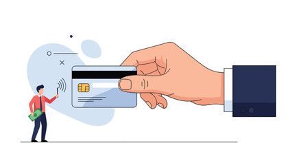 Modern digital payment concept featuring a large hand holding a credit card over a small person making a contactless transaction.