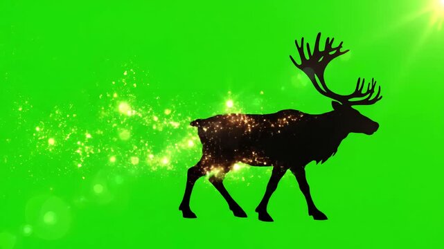 Green Screen reindeer walking forward on a silhouette of deer chroma key seamless isolated loop animation scene 1 with distortion, overlay, glitch, static noise, scan lines black background, 4k