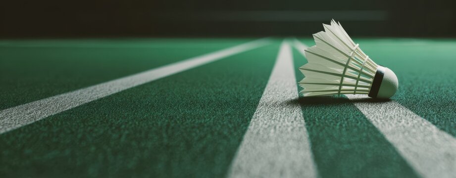 The shuttlecock resting on a green badminton court with dramatic lighting and lines