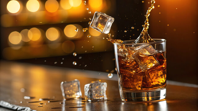 Whiskey on the rocks being poured into glass with ice at luxury bar with warm bokeh lights
