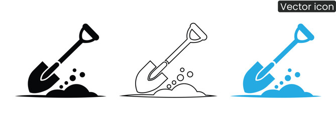 Three shovels digging into dirt piles in black, white, and blue colors © NuovaPixel