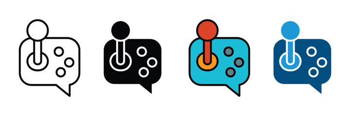 Gaming chat bubble icon vector. Speech bubble with joystick and buttons symbol for e-sports communication, gamer community, live stream interaction, and online gaming forum set. Vector Illustration. © Jakiya Graphics