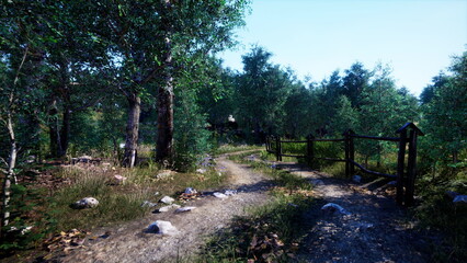 A serene nature trail meanders through a vibrant forest under a clear blue sky. Tall trees provide shade, while wildflowers add color to the landscape, inviting exploration and tranquility.