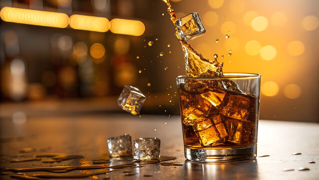 Whiskey glass with ice splash in low light bar setting, golden liquid pouring, bokeh background