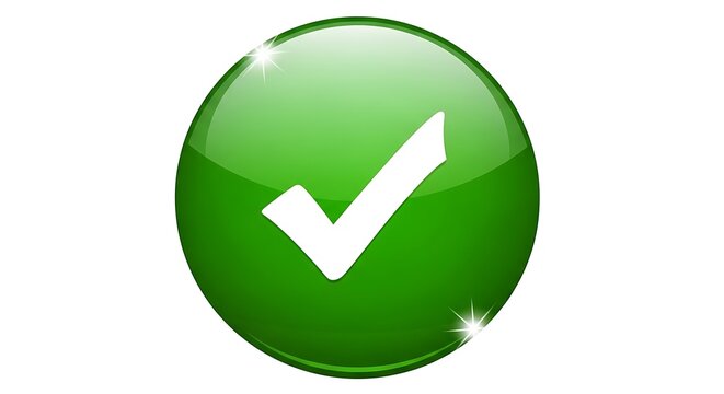 Vibrant Green Glossy Spherical Checkmark Icon on White Background Symbolizing Approval, Success, and Completion