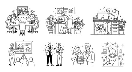 Naklejka premium Set of Business Concepts and Professional Activities Line Art Illustrations