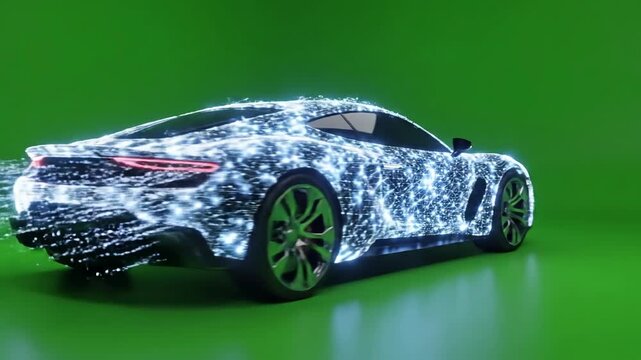 Green Screen car plexus animation automotive rendering visualization scene 1 with distortion, overlay, glitch, static noise, scan lines on black background, 4k animated video loop