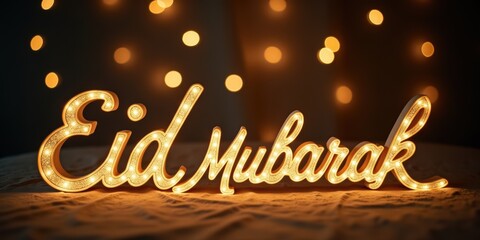 Illuminated Eid Mubarak calligraphy sign with bokeh lights background