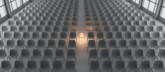 Obraz premium Unique chair recruitment employment interview focus in empty gray hall showing candidate standing out for job selection and opportunity