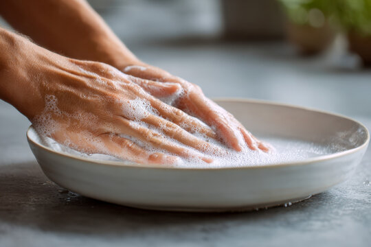 Person washing dishes with soapy water in a white basin on a grey countertop, emphasizing cleanliness and household chores in natural light