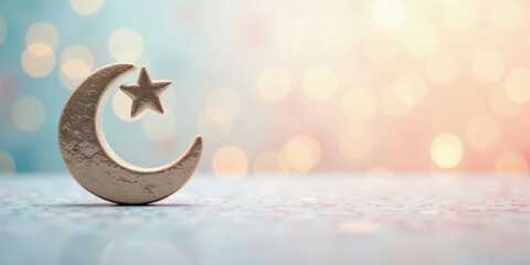 Naklejka premium A metallic crescent moon and star tabletop decoration placed on a textured surface with bokeh lights