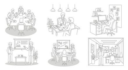Naklejka premium Business Activities in Office Setting Line Art Illustrations Set on White Background