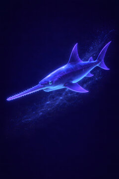 Neon sawfish glowing underwater in futuristic blue ocean illustration