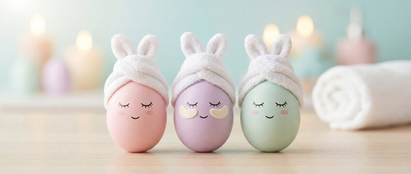 Three pastel eggs with towel turbans and bunny ears display sleepy painted faces on a table, accompanied by a rolled white towel