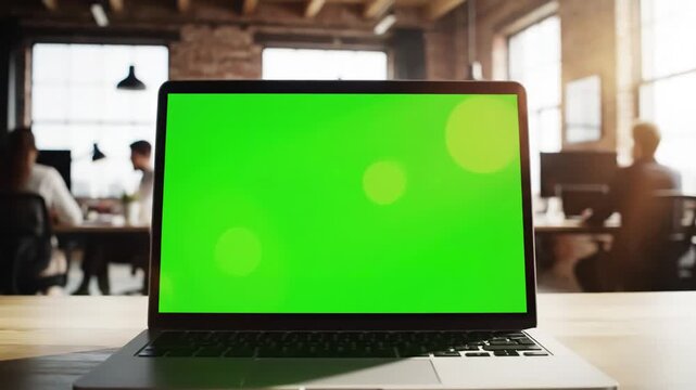 Green Screen laptop on the desk in office shows mock up background bright creative open space loft hub with professional working scene 1 distortion, overlay, glitch, static noise, scan lines black