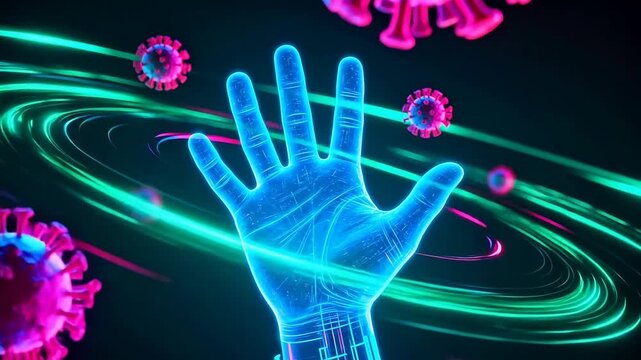 Glowing hand surrounded by virus particles