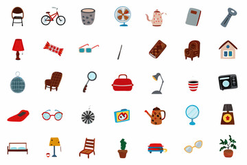 Colorful flat icons depicting various household items objects and furniture on a white background © MSTShikha