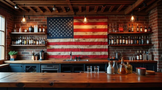 Rustic bar interior with american flag and wooden countertop 
