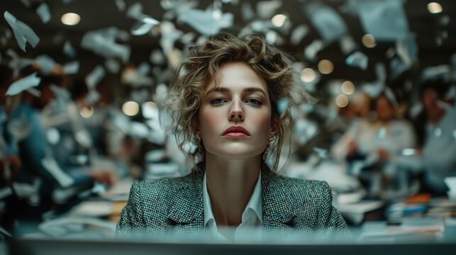 Portrait of calm unbothered business woman manager looking at camera in messy office with flying papers. Corporate chaos, overwork stress, burnout and crisis management concept