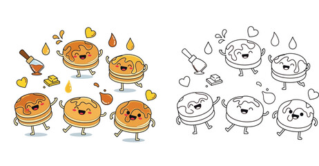 Fototapeta premium Cute cartoon pancakes characters set with syrup and butter. Vector illustration of happy breakfast food dancing. Colored and black and white outline for coloring book.