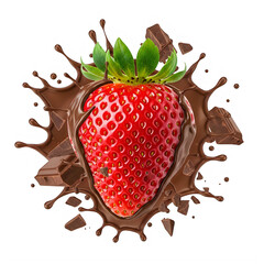 A red strawberry with green leaves on top surrounded by chocolate splatters isolated on transparent background