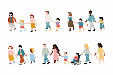 Obraz premium Diverse group of parents and children walking hand in hand including individuals using assistive devices