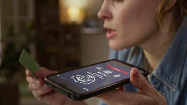 Close-up of face of young Caucasian woman holding smartphone on loudspeaker and revealing credit card number and security code while talking to fraudsters for access to online banking account