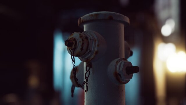 A weathered fire hydrant with traces of rust rests in a shadowy alleyway, illuminated by soft street lights. The urban environment surrounds it, hinting at city life nearby.