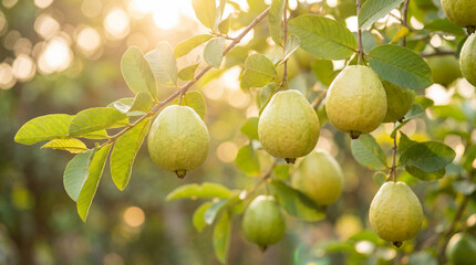 Goyaves m&ucirc;res de couleur vert-jaune suspendues aux branches d'un goyavier dans un verger baign&eacute; de soleil